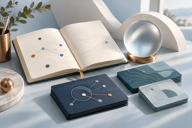 Abstract knowledge models with connected points on an open book and several cards.