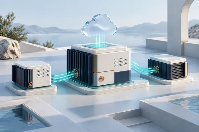 Abstract cloud platform with three connected server units.